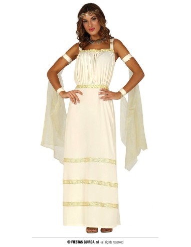 Costume da Dea greca con tunica bianca lunga, velo drappeggiato e dettagli dorati per donna