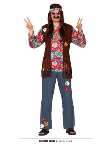 Costume hippie uomo con gilet a frange marrone, camicia floreale multicolore e jeans decorati anni 70