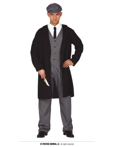 Costume Peaky Blinders uomo con cappotto nero, gilet grigio, cappello e cravatta per feste a tema