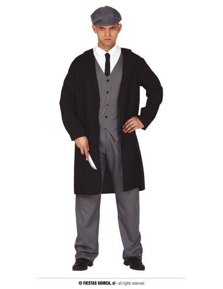 Costume Peaky Blinders uomo con cappotto nero, gilet grigio, cappello e cravatta per feste a tema
