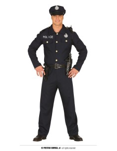 Costume da poliziotto uomo nero con camicia, pantaloni, cappello e cintura per feste a tema