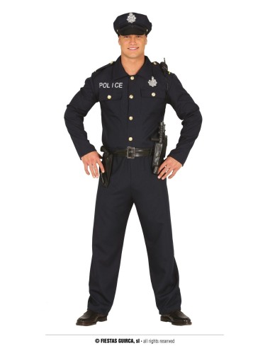 Costume da poliziotto uomo nero con camicia, pantaloni, cappello e cintura per feste a tema