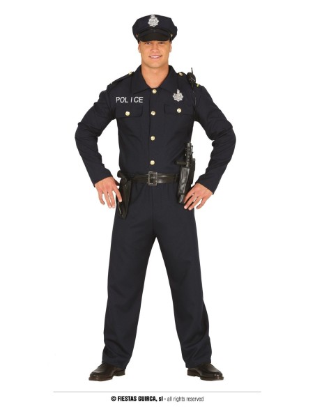 Costume da poliziotto uomo nero con camicia, pantaloni, cappello e cintura per feste a tema