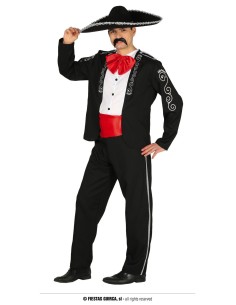 Costume mariachi uomo con giacca nera ricamata, pantalone e foulard rosso per feste a tema messicano