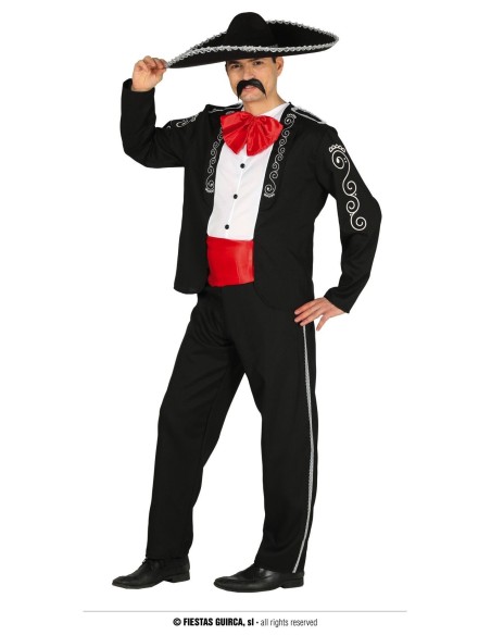 Costume mariachi uomo con giacca nera ricamata, pantalone e foulard rosso per feste a tema messicano