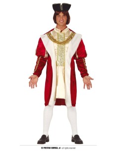 Costume da re rosso e oro con cappello nero, giacca decorata e pantaloni bianchi per carnevale