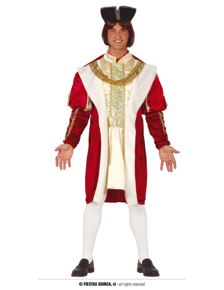 Costume da re rosso e oro con cappello nero, giacca decorata e pantaloni bianchi per carnevale