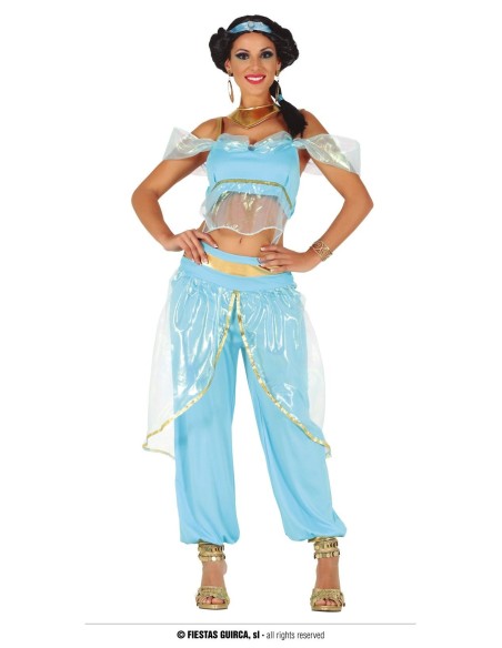 Costume principessa Jasmine azzurro con top e pantaloni palazzo stile orientale Disney
