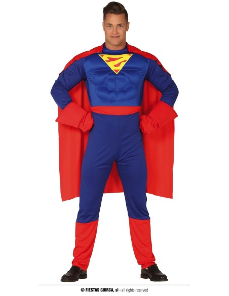 Costume Superman completo blu rosso con mantello e simbolo giallo sul petto per uomo
