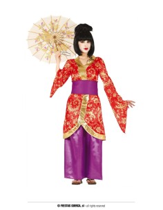 Costume da Geisha rosso e viola con kimono tradizionale giapponese e ombrellino decorativo per donna