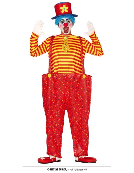 Costume pagliaccio con maglia righe gialle rosse, pantaloni rossi pois e cappello stella per feste carnevale