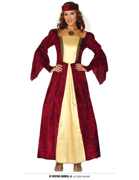 Costume dama medievale donna rosso oro con abito lungo maniche ampie e copricapo bordeaux