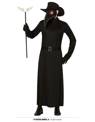 Costume Dottor Peste nero con mantello lungo, cappello, maschera becco e bastone per Halloween uomo