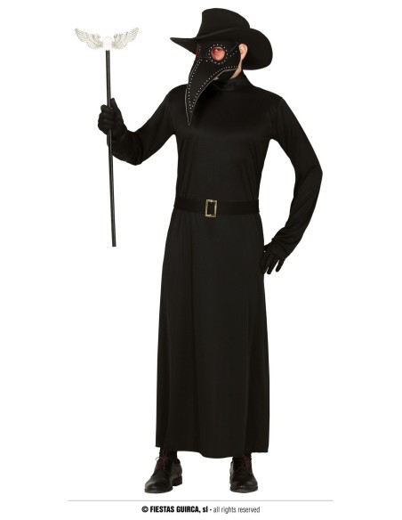 Costume Dottor Peste nero con mantello lungo, cappello, maschera becco e bastone per Halloween uomo