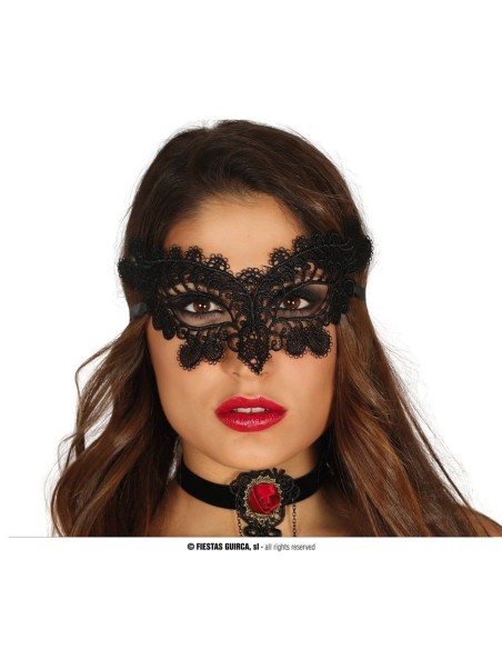 Maschera veneziana nera in pizzo ricamato con motivi floreali per Carnevale e feste eleganti