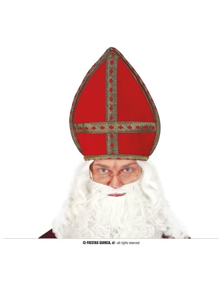 Cappello da vescovo rosso con croce dorata e decorazioni per costume ecclesiastico
