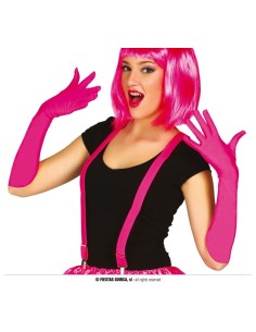 Guanti fucsia lunghi fino al gomito indossati da donna con parrucca rosa per costume festa