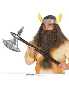 Ascia barbaro medievale con lama doppia argentata e manico in legno per costume vichingo guerriero