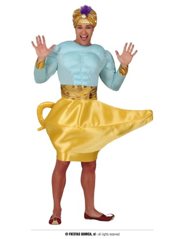 Costume Genio della Lampada uomo con camicia azzurra pantaloni dorati e turbante per Carnevale