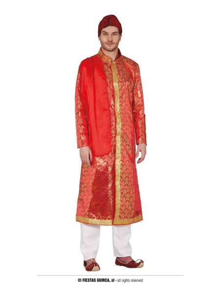 Costume da maharaja indiano rosso con tunica dorata, pantaloni bianchi e turbante per uomo