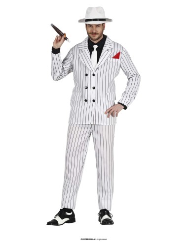 Costume gangster uomo bianco gessato con giacca doppiopetto pantaloni cravatta nera cappello e pistola giocattolo