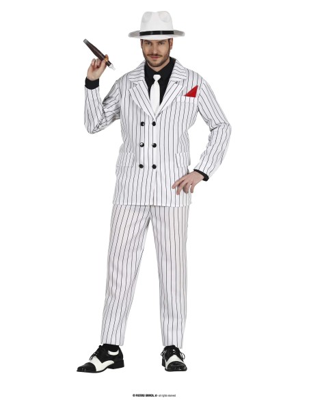 Costume gangster uomo bianco gessato con giacca doppiopetto pantaloni cravatta nera cappello e pistola giocattolo