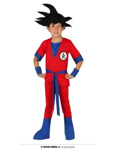 Costume Goku Dragon Ball bambino con gi rosso blu, cintura e parrucca nera spettinata per cosplay