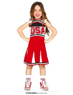 Costume cheerleader bambina rosso bianco blu con scritta USA gonna plissettata pom pom
