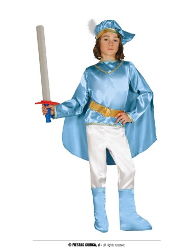 Costume da principe azzurro bambino con mantello, cappello piumato e spada giocattolo per Carnevale