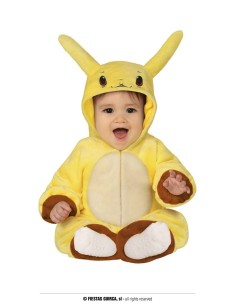 Costume Pikachu giallo per neonato con cappuccio orecchie e dettagli marroni seduto sorridente