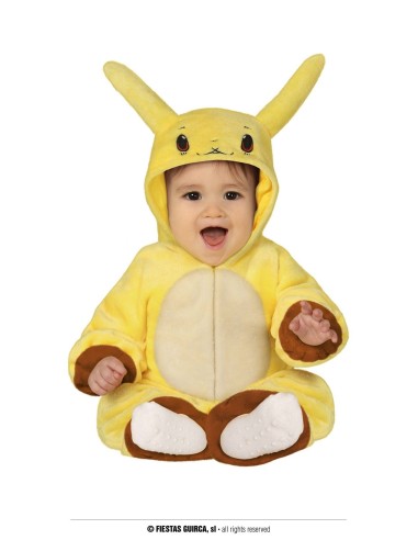Costume Pikachu giallo per neonato con cappuccio orecchie e dettagli marroni seduto sorridente