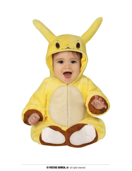 Costume Pikachu giallo per neonato con cappuccio orecchie e dettagli marroni seduto sorridente