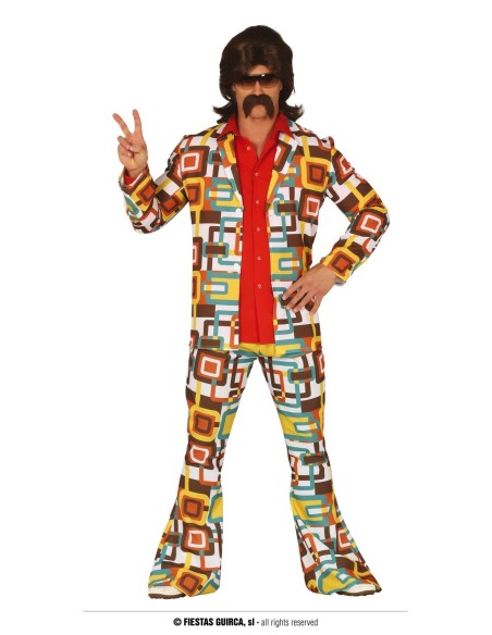 Costume uomo disco anni 70 con giacca e pantaloni multicolori a fantasia geometrica
