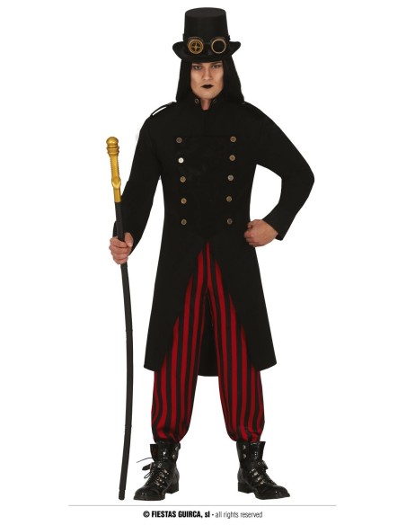 Uomo in costume gotico vittoriano nero con cappello cilindro, giacca lunga e bastone per Halloween
