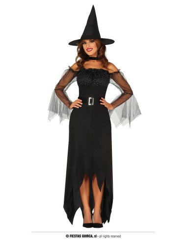 Costume da strega nero elegante con cappello punta, mantello tulle e abito lungo asimmetrico Halloween