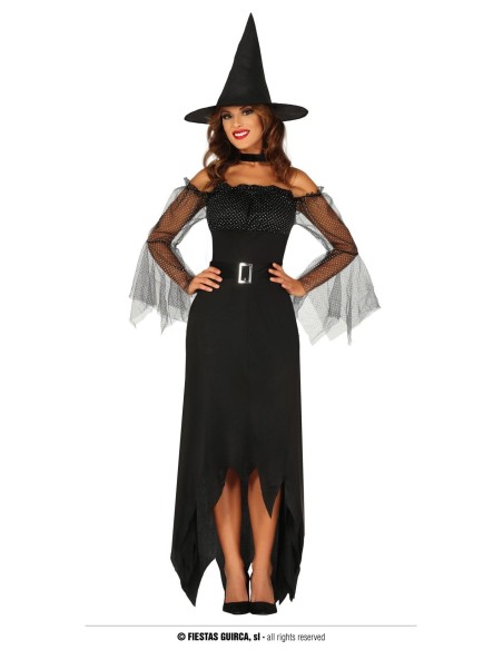 Costume da strega nero elegante con cappello punta, mantello tulle e abito lungo asimmetrico Halloween
