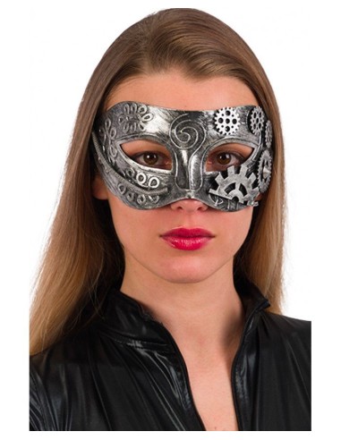Maschera steampunk argento metallizzata con decorazioni e ingranaggi per carnevale