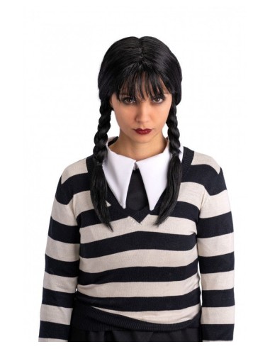 Parrucca Mercoledì Addams con trecce nere e frangia per costume Halloween