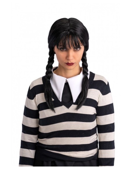 Parrucca Mercoledì Addams con trecce nere e frangia per costume Halloween