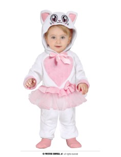Costume gattina bianco e rosa per neonata con tutina cappuccio orecchie gatto e gonna tulle