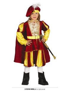 Costume da principe medievale rosso e oro con mantello, cappello piumato e dettagli dorati per bambino