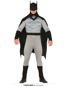 Costume Batman muscoloso grigio e nero con mantello e maschera per adulto supereroe