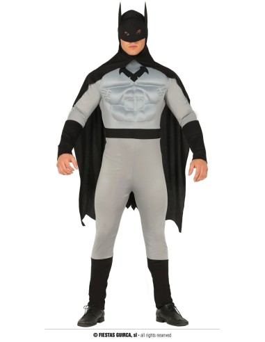 Costume Batman muscoloso grigio e nero con mantello e maschera per adulto supereroe