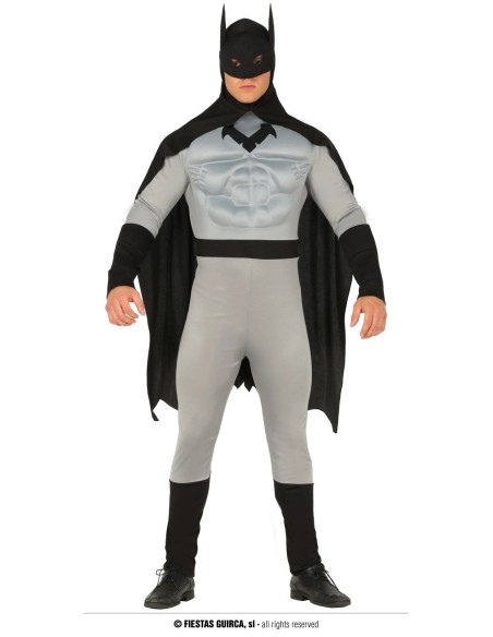 Costume Batman muscoloso grigio e nero con mantello e maschera per adulto supereroe