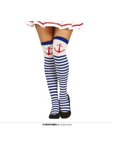 Calze a righe bianche e blu con ancora rossa stile marinaretta per costume nautico