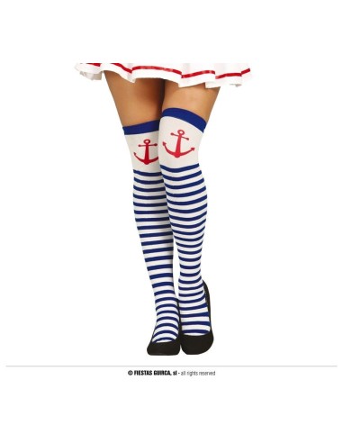 Calze a righe bianche e blu con ancora rossa stile marinaretta per costume nautico