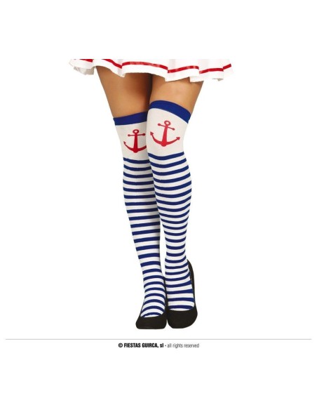 Calze a righe bianche e blu con ancora rossa stile marinaretta per costume nautico