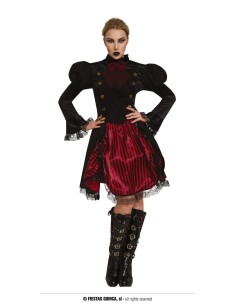 Costume donna gotica con corsetto nero e gonna rossa a balze, stivali alti e trucco dark per Halloween