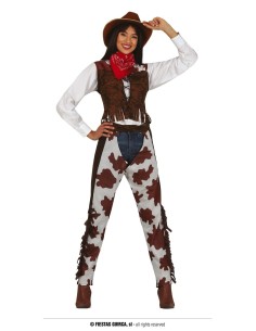 Costume da Cow Girl western con gilet frange e pantaloni macchie per feste a tema