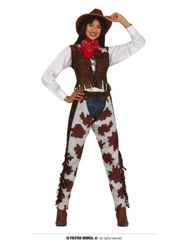 Costume da Cow Girl western con gilet frange e pantaloni macchie per feste a tema